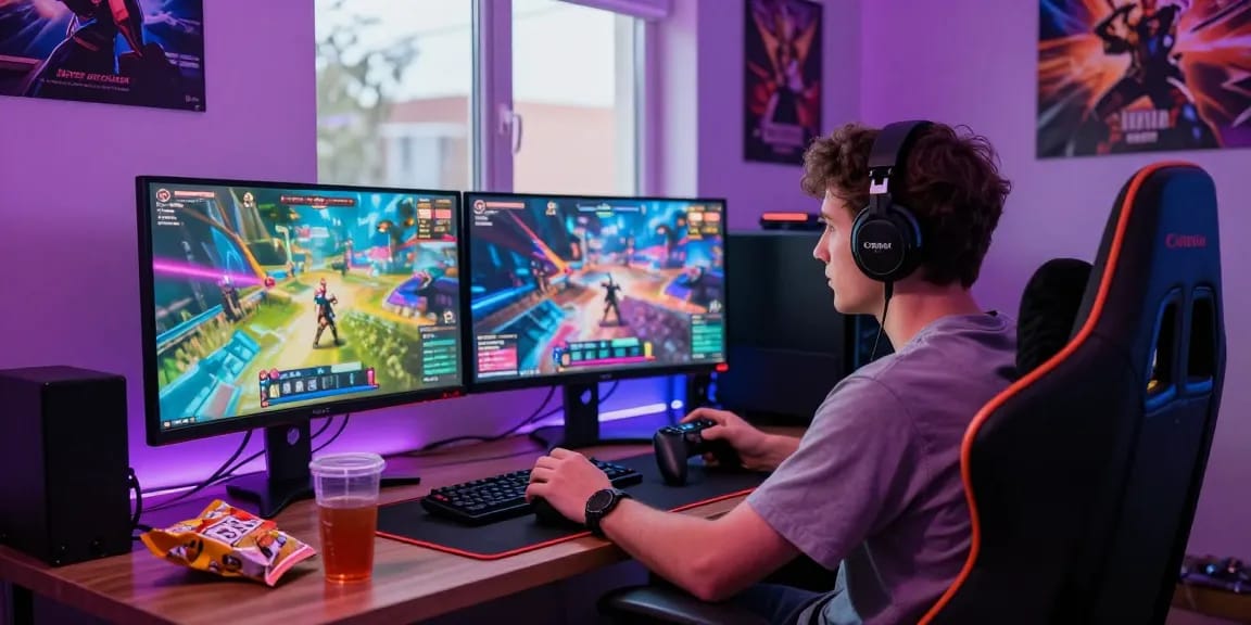 Player enjoying immersive AI porn games at a sleek gaming setup, highlighting vibrant graphics and dynamic atmosphere.