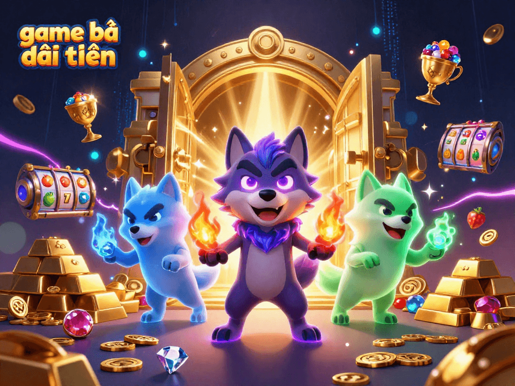 Play exciting game bài đổi thưởng with thrilling wolf pack characters surrounded by gold and jewels