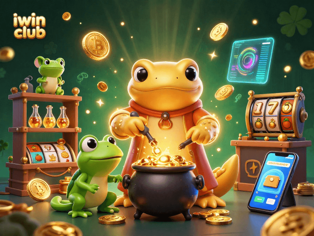 Experience the magic of iwin club with a vibrant illustration showcasing gold and crypto elements.