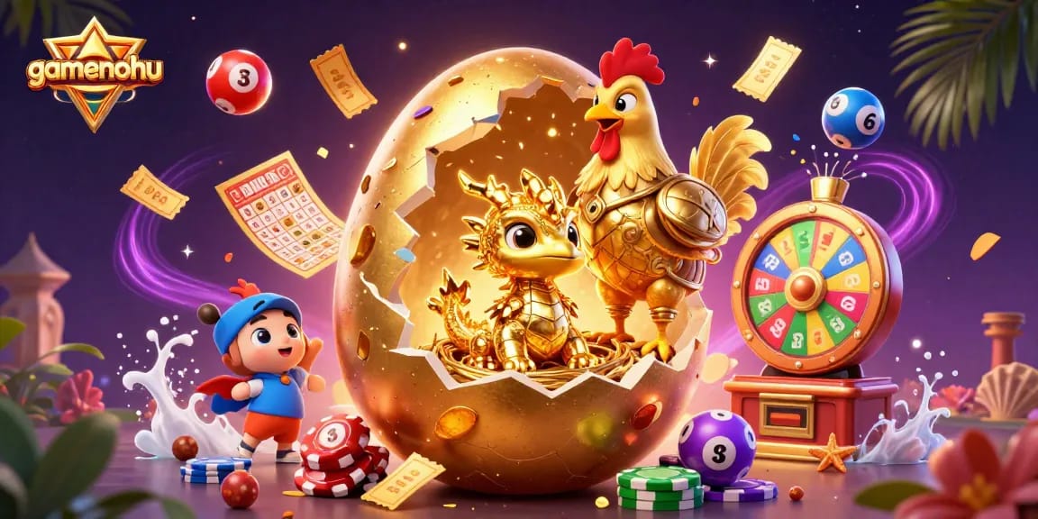 Engage with gamenohu's thrilling 3D fantasy scene featuring a golden dragon and dynamic casino elements.