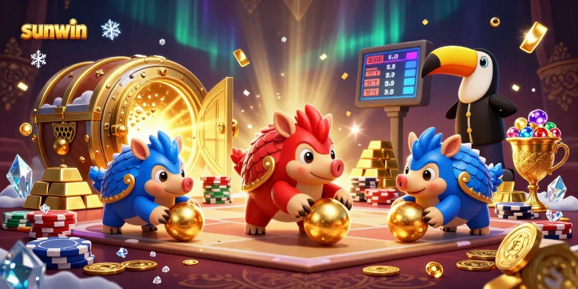Win big at sunwin with animated pangolins playing poker amidst dazzling casino treasures.
