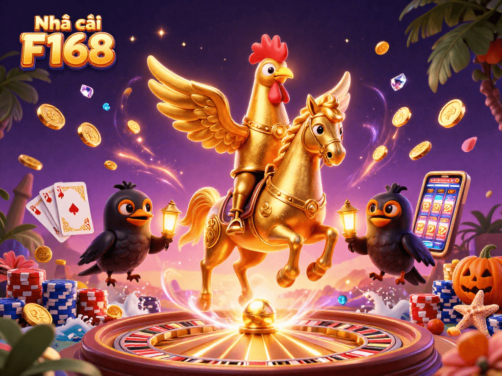 Experience the magical world of Nhà cái F168 filled with golden coins, vibrant casino elements, and high-stakes excitement.