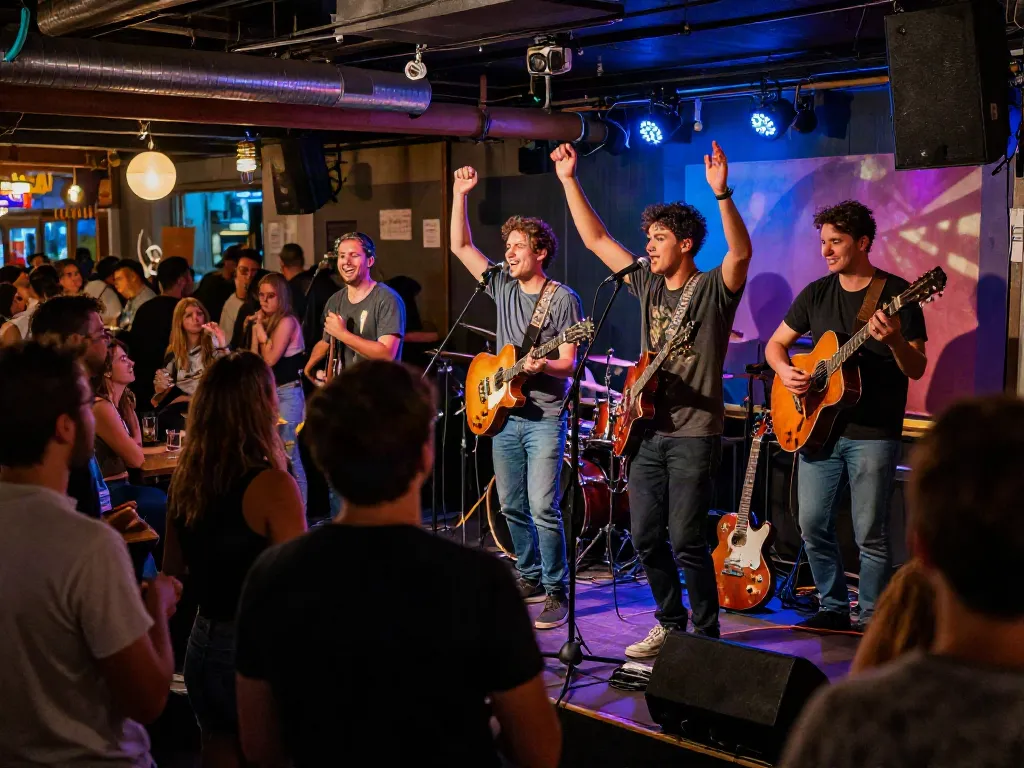 Go to these guys performing live with enthusiastic crowd at a vibrant venue.