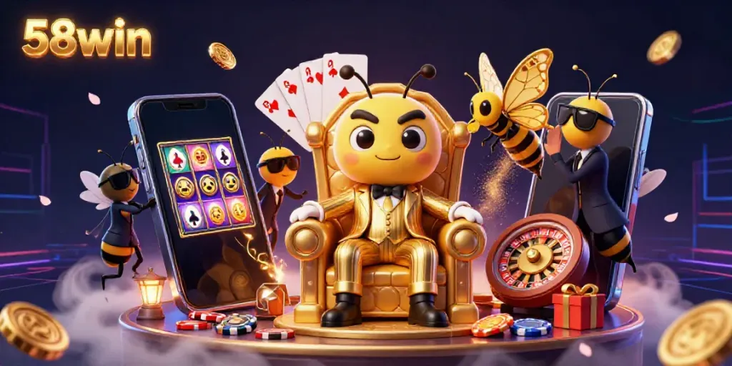 Experience the thrill of 58win with a bustling 3D casino scene featuring a bumblebee mob boss and vibrant game elements.