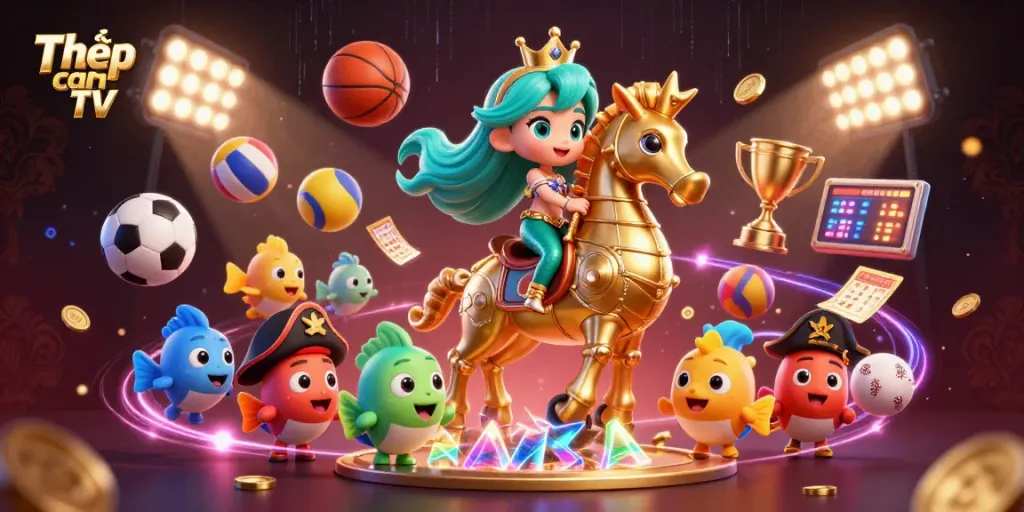 Thập cẩm TV showcases exciting sports betting action amid a dynamic, colorful scene full of animated characters and game elements.