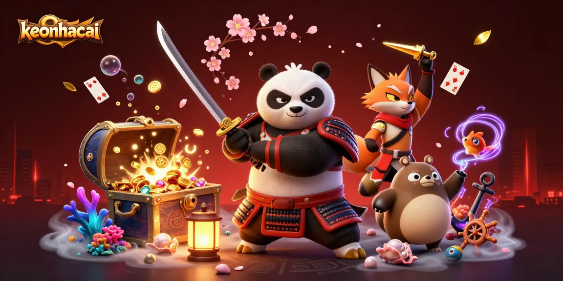 Bet on your luck with keonhacai featuring a dynamic samurai panda, ninja fox, and magical tanuki amidst vibrant casino elements.