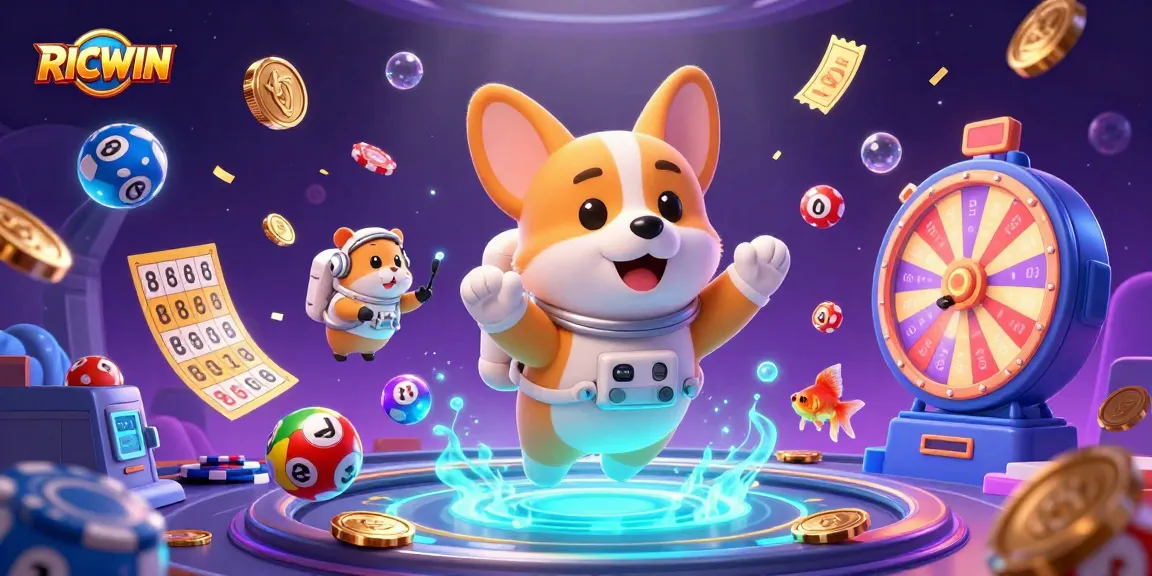 Experience RICWIN excitement with a lively space station casino scene filled with vibrant game elements.