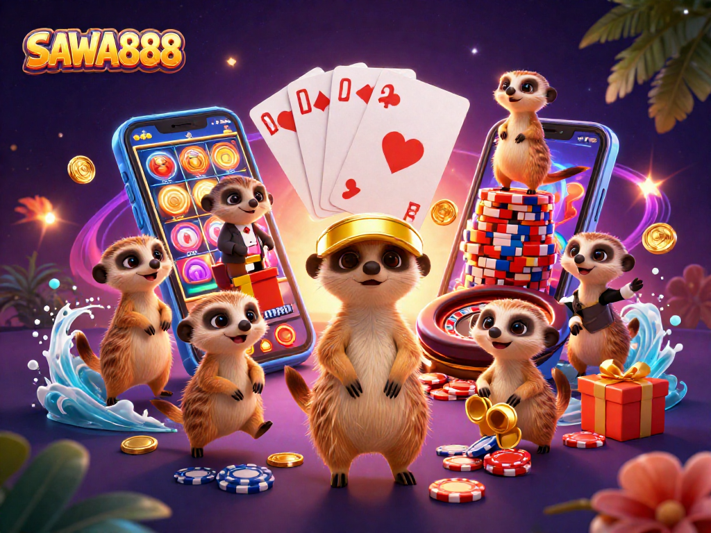SAWA888's dynamic meerkat casino scene showcases vibrant slot games and lively gambling elements.