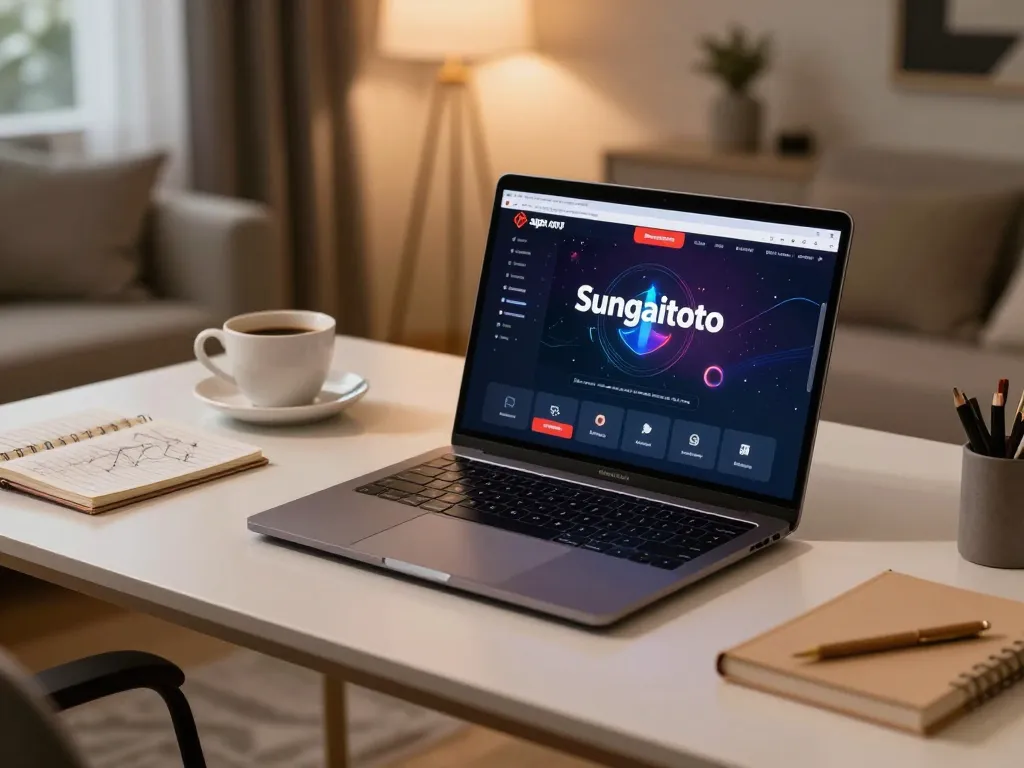 Engaging scene of online gaming with apk sungaitoto app displayed on laptop in a cozy home setting
