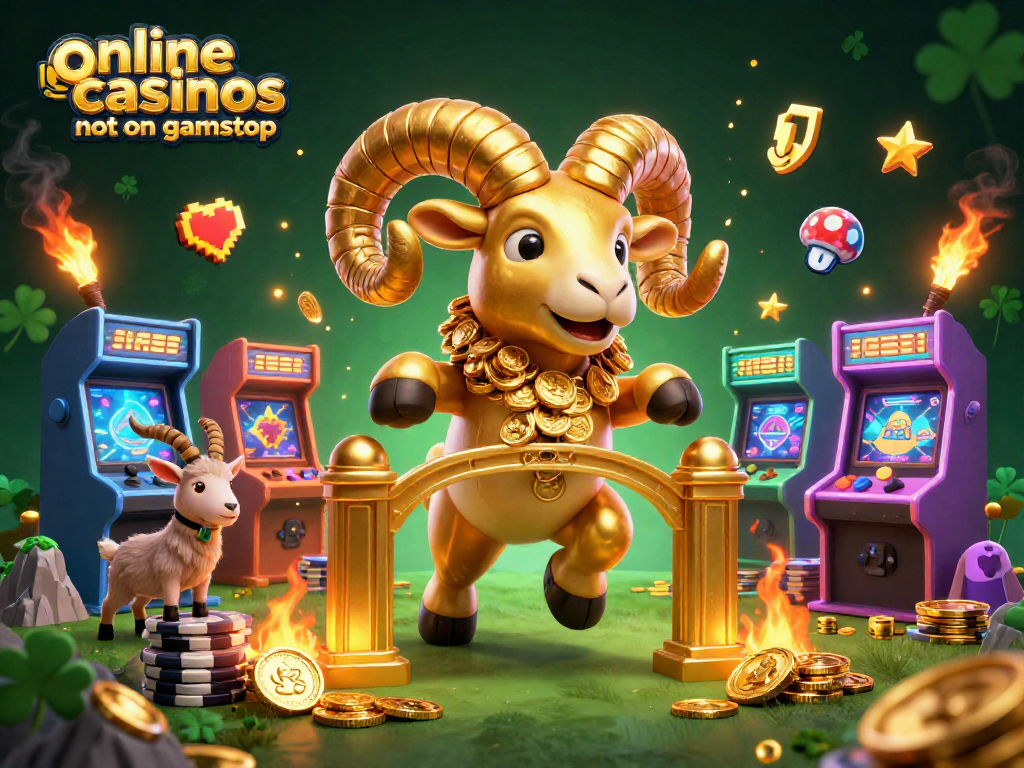 Experience the excitement of online casinos not on gamstop with a dynamic illustration featuring a golden ram and gaming elements.