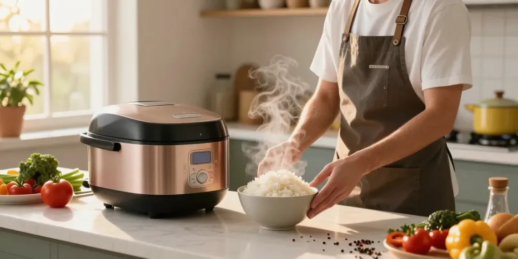 Delicious rice being prepared in a rice cooker in a warm kitchen setting.