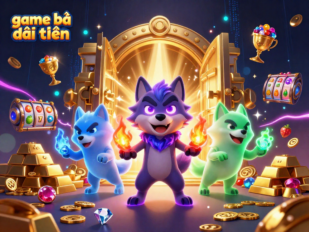 Play exciting game bài đổi thưởng with thrilling wolf pack characters surrounded by gold and jewels