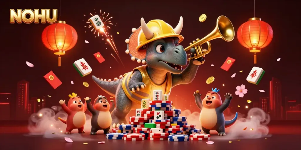 NOHU excitement flourishes as cheerful dinosaurs build poker chip pyramids in a dynamic casino scene.