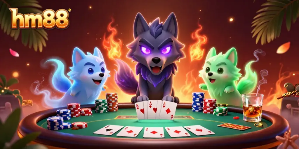 Experience the excitement at hm88 with thrilling poker games led by ghostly wolves in a vibrant casino environment.