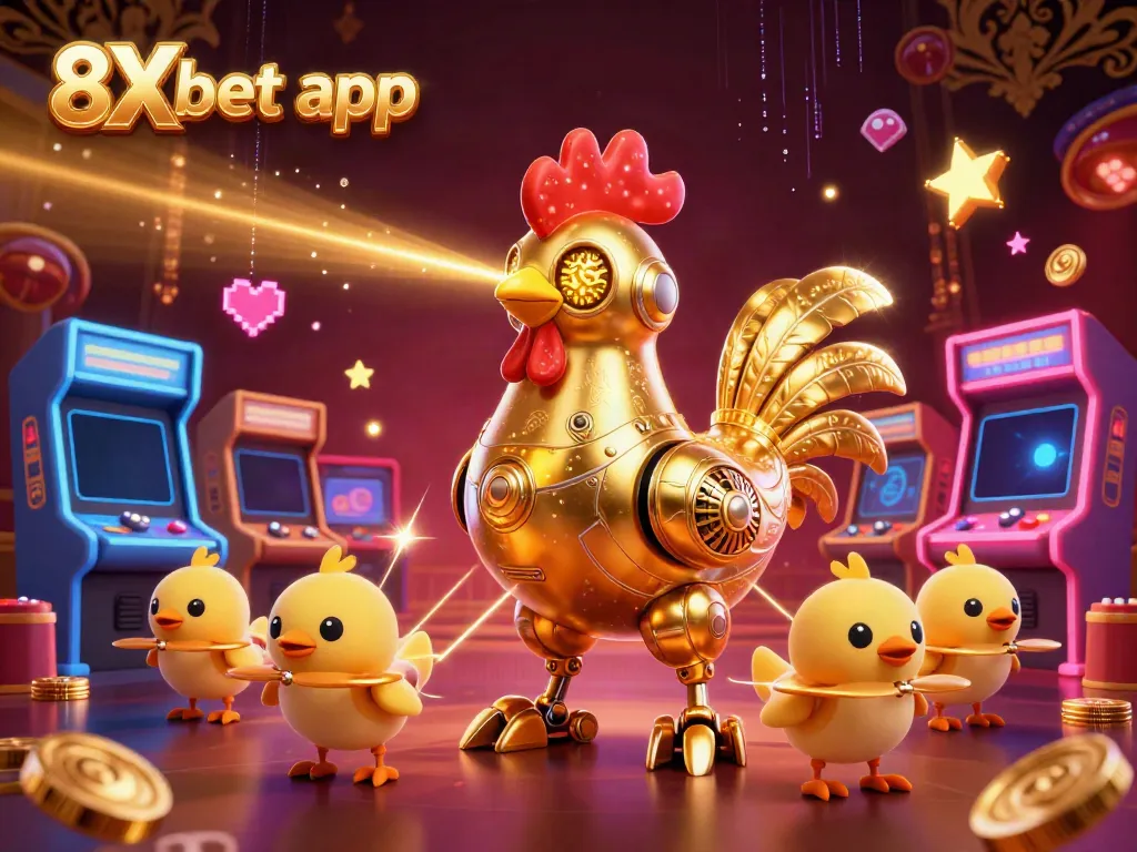 Experience the thrilling 8Xbet app surrounded by vibrant casino action and fun gaming elements.