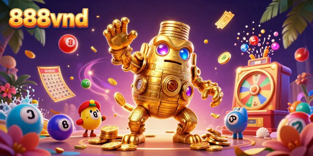 Experience the thrill of 888vnd as colorful lottery elements and a golden golem lead you to exciting wins.