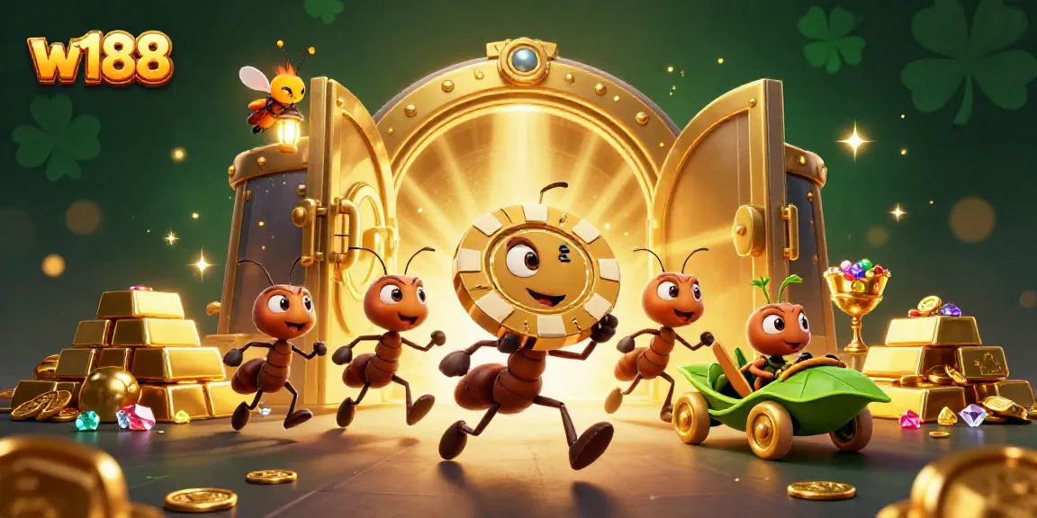 Experience the excitement at w188 with a heist scene featuring cartoon ants and casino treasures.