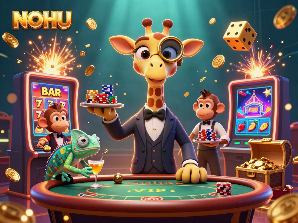 Engage in thrilling gaming at NOHU with a high-roller giraffe and exciting casino elements.
