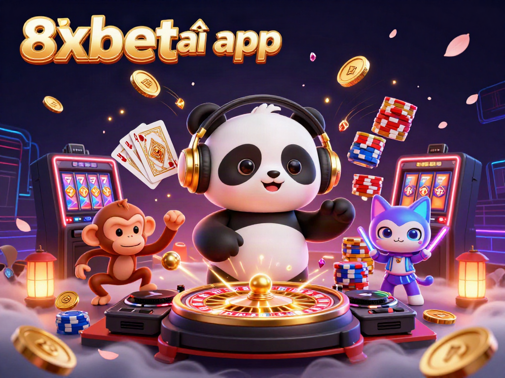 Experience the excitement of gambling with 8xbet tải app featuring a lively DJ panda, breakdancing monkey, and rave kitten.