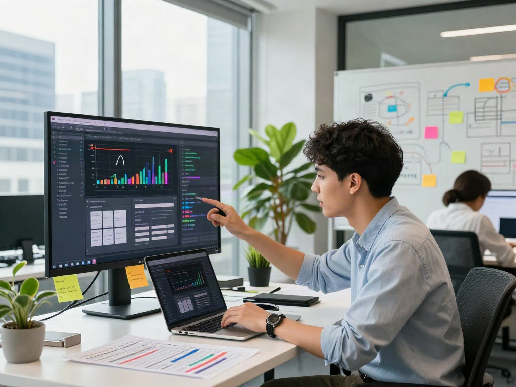 Engaging scene of ai slut digital marketing analysis in a modern office.
