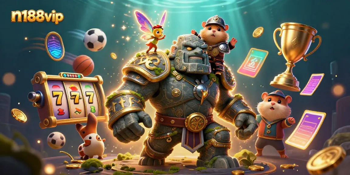 Experience the excitement of n188vip with a vibrant 3D casino scene featuring a magical golem and a fairy.