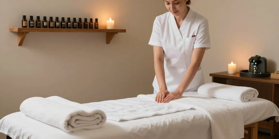 Relaxing 양천구출장안마 scene with a professional masseuse preparing a serene massage therapy room.