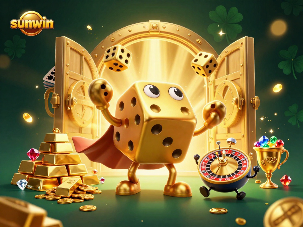 sunwin's dynamic 3D casino scene showcases a golden dice golem juggling dice amid treasure and vibrant gems.