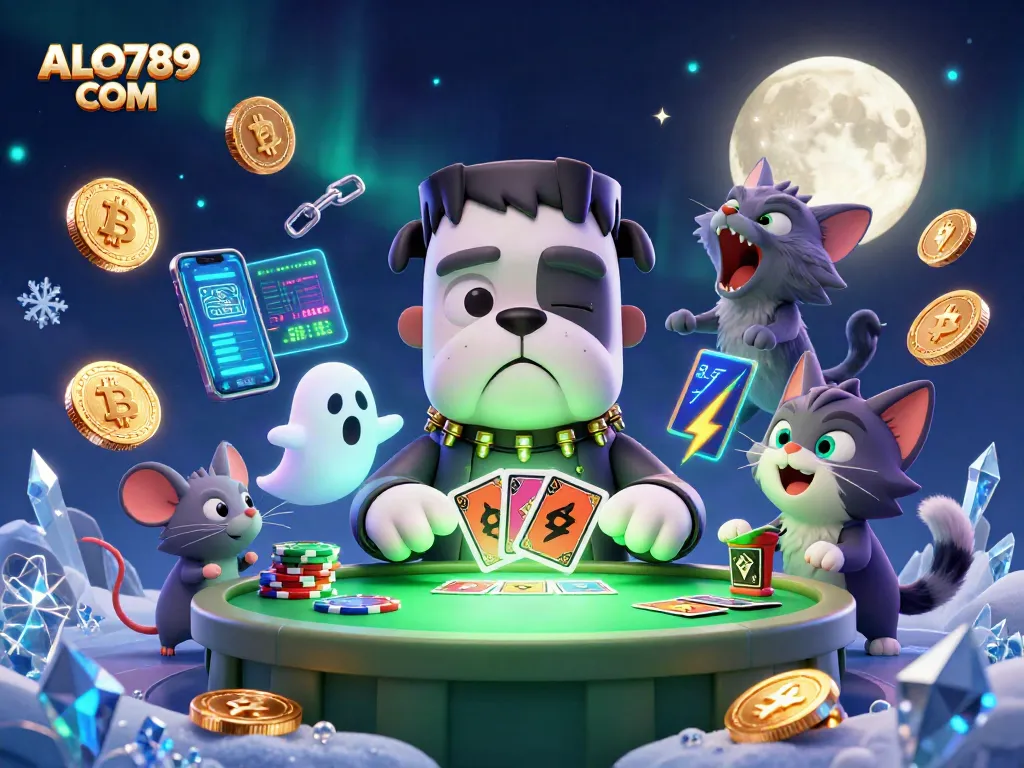 Engage with thrilling card games at ALO789 COM with a cartoon monster dealer, vibrant casino atmosphere.