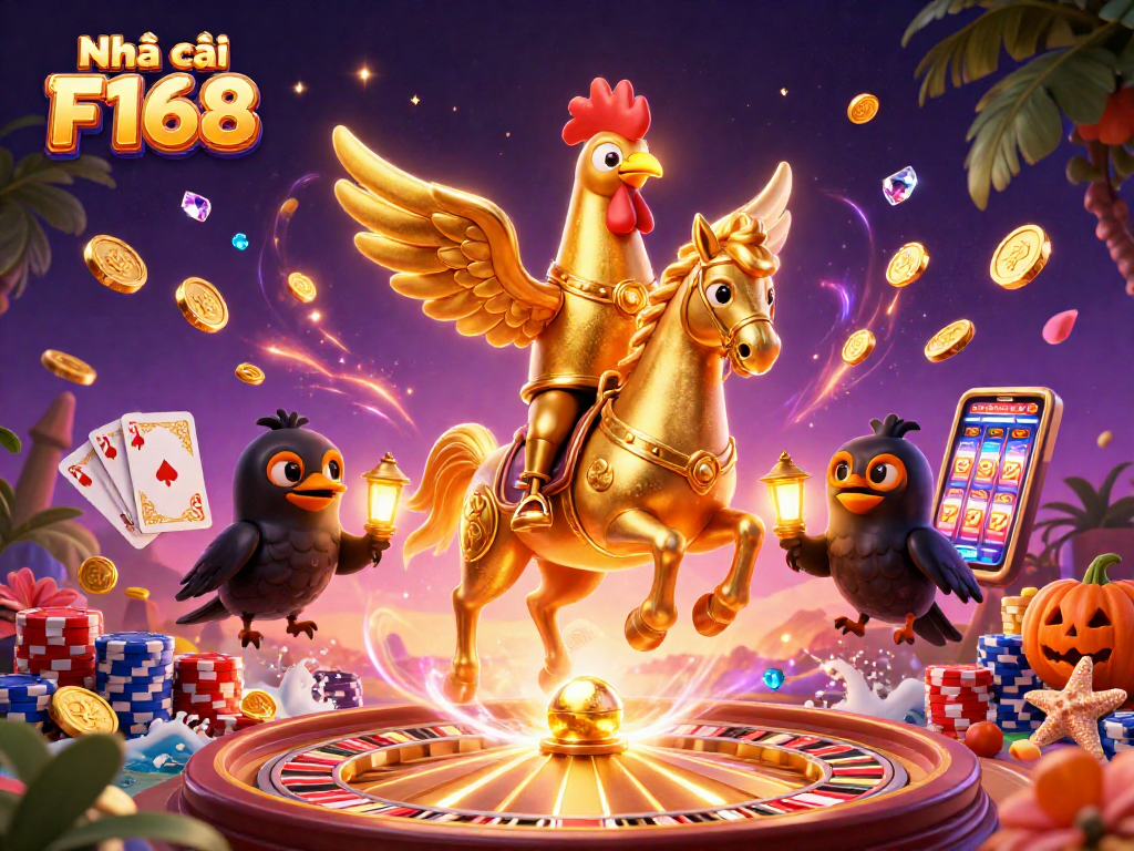 Experience the magical world of Nhà cái F168 filled with golden coins, vibrant casino elements, and high-stakes excitement.