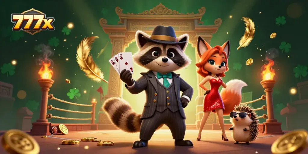 Experience thrilling gameplay at 777x with our vibrant casino scene featuring raccoon, fox, and hedgehog characters.