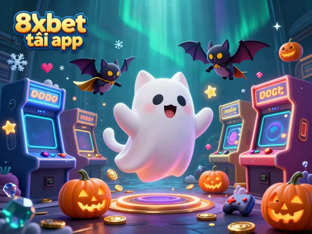 Experience thrilling gameplay with the 8xbet tải app, featuring a whimsical ghost cat and arcade elements.