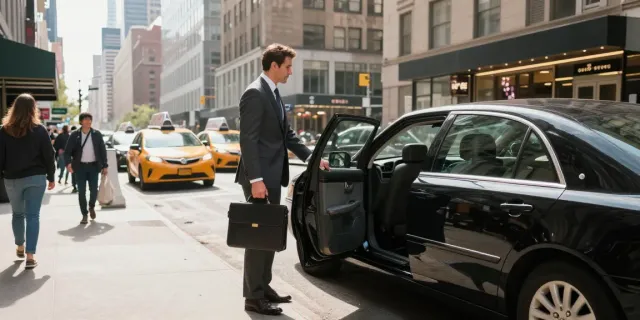 Effortless car service from NYC with a chauffeur opening a black car door for a professional in a bustling street.
