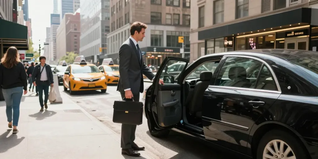 Effortless car service from NYC with a chauffeur opening a black car door for a professional in a bustling street.