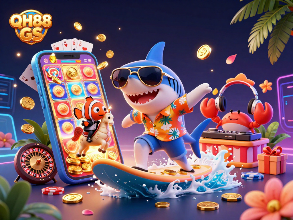 Experience the thrill of QH88 GS casino games with playful characters enjoying a vibrant casino scene.