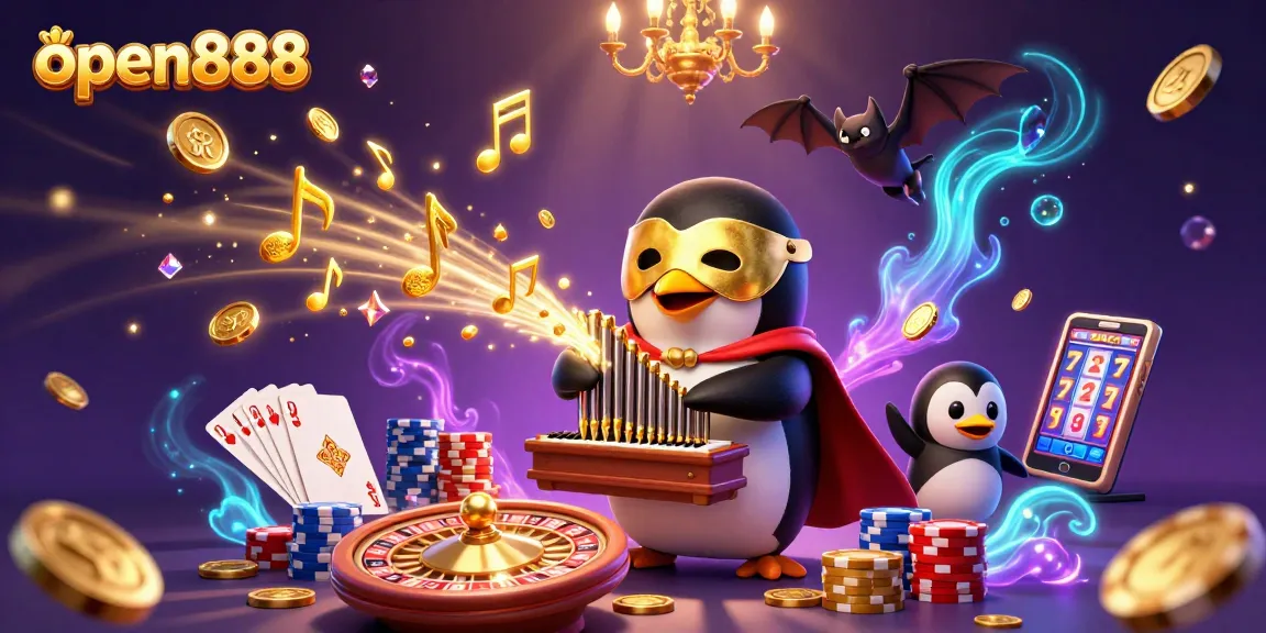 Experience thrilling gameplay with open888 as a penguin plays the organ and coins flow in the vibrant casino.