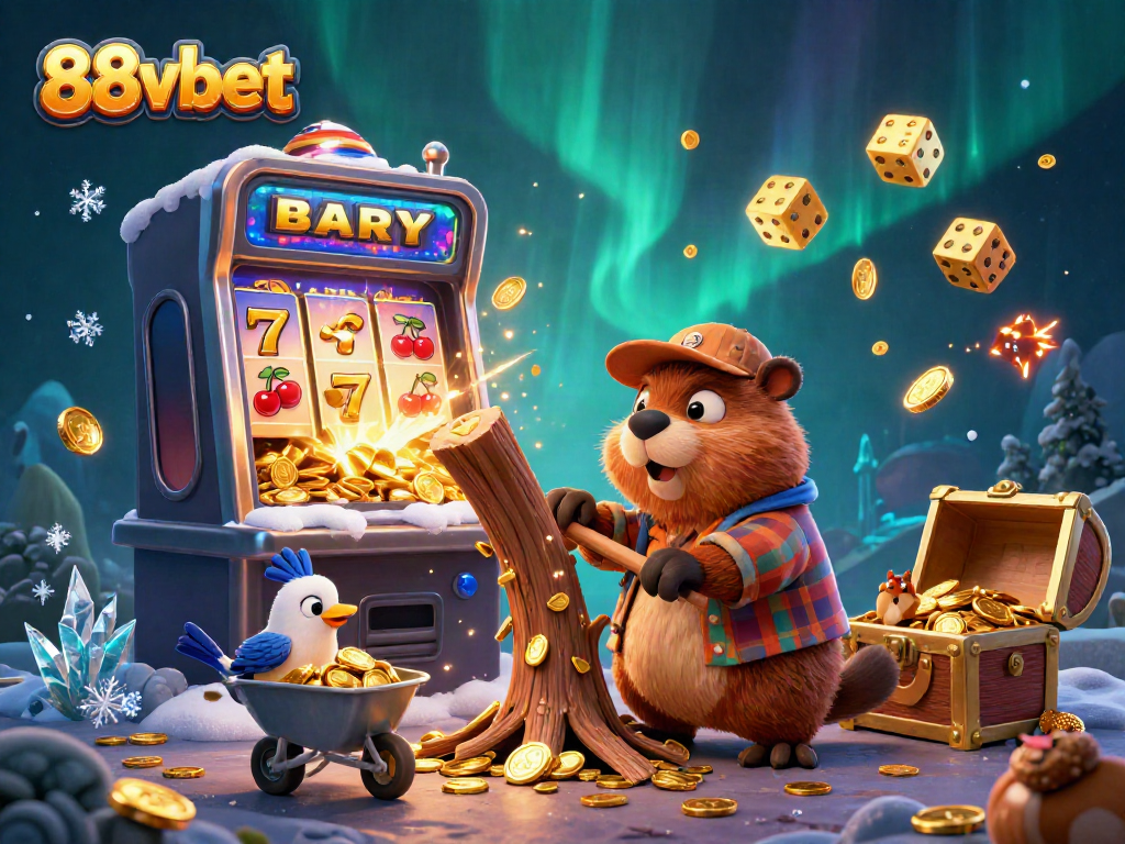 88vbet illustrates a vibrant scene with a beaver collecting coins in a magical casino setting.
