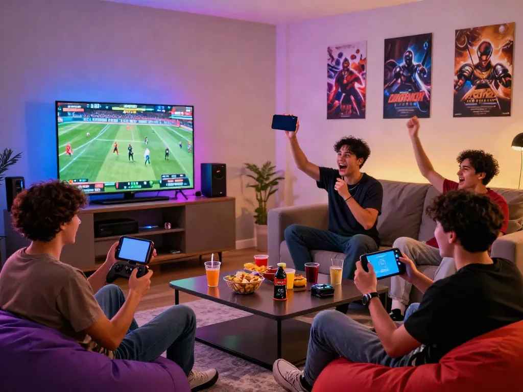 Friends enjoying a lively gaming session with LU88 on smartphones in a vibrant living room