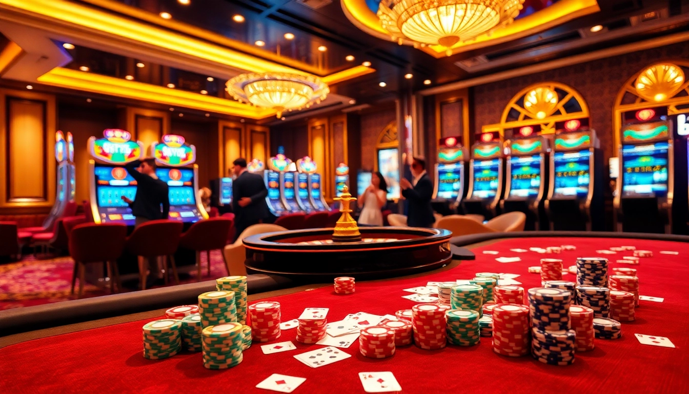 A thrilling casino scene showcasing 23win with vibrant poker chips and spinning roulette.