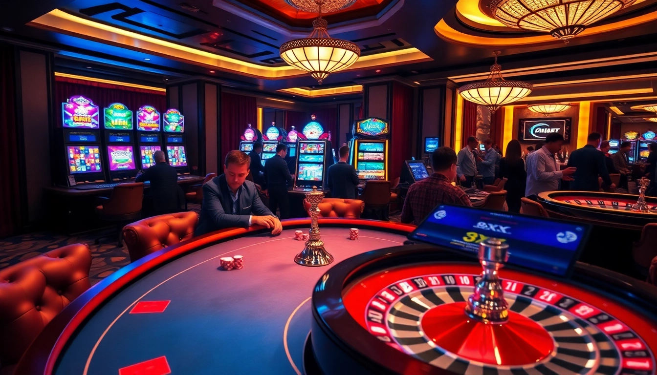 Engaging scene of gamblers using 8XX đăng nhập at a vibrant casino with cards and slot machines.