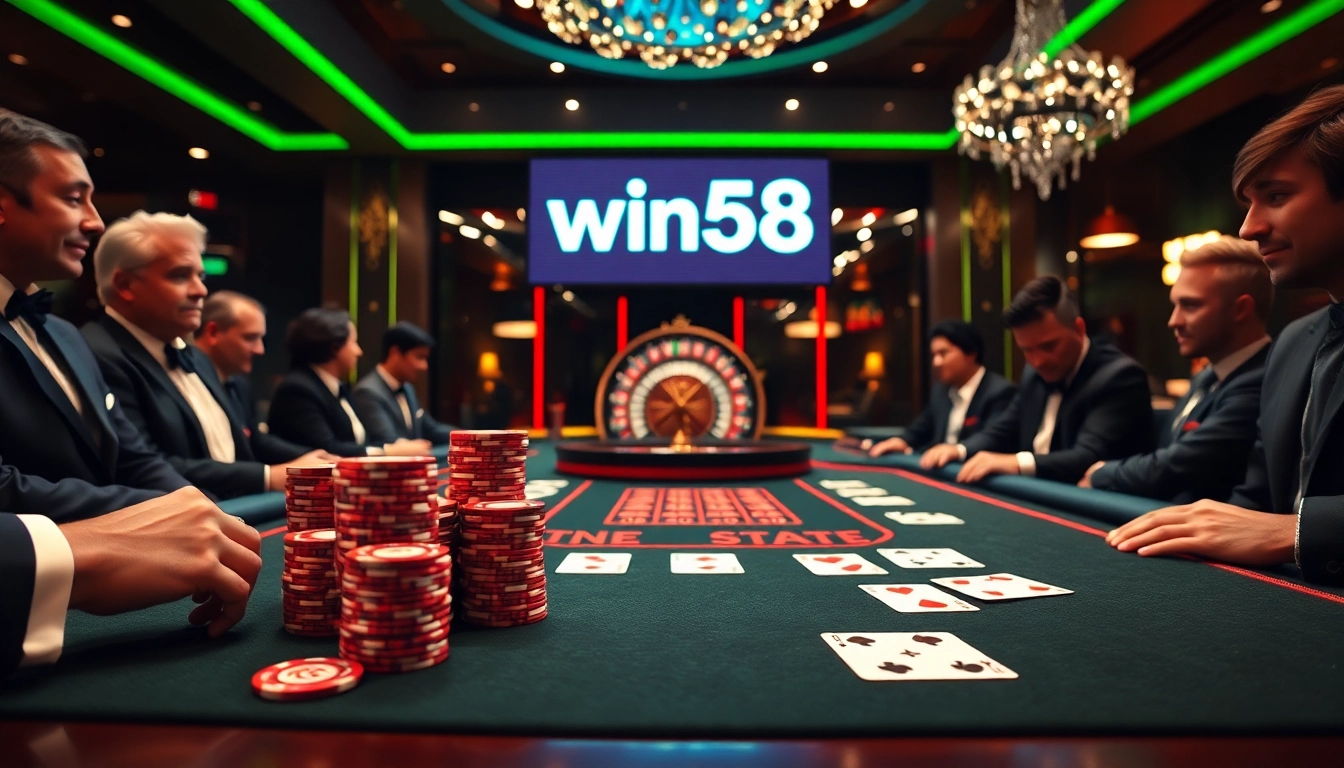 Experience the thrill of win58 at an elegant casino table with vibrant chips and cards.