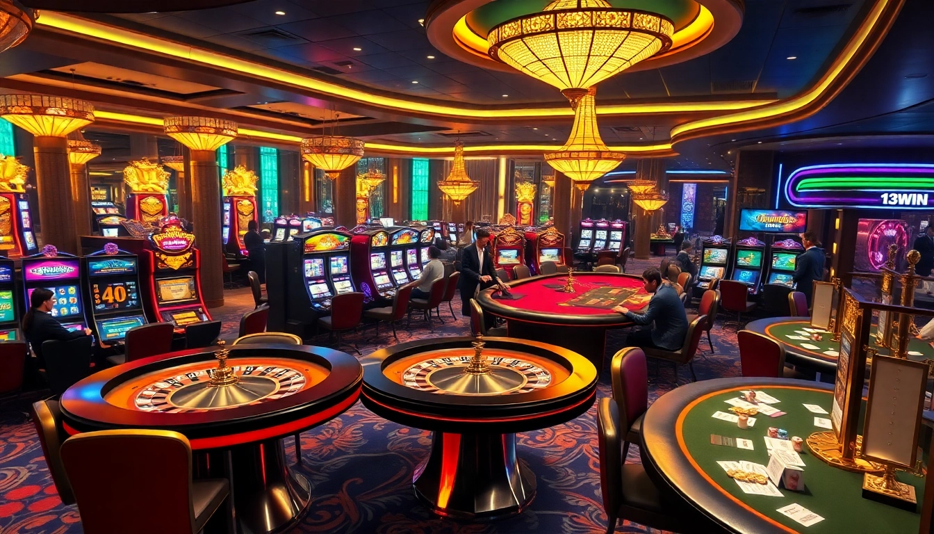 Experience the excitement of gambling at 13win com, featuring a luxurious casino setting with high-stakes tables and vibrant gaming action.