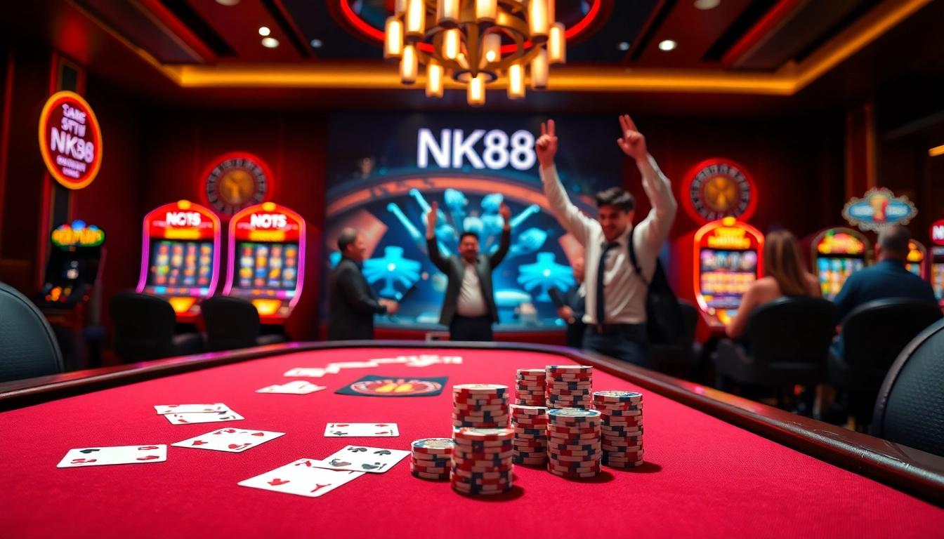 Experience the excitement of NK88 with players celebrating wins at a vibrant casino table.