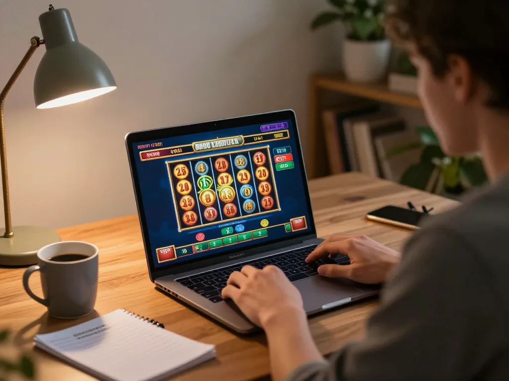 Navigating NK88 casino online, a player engages with vibrant slot reels on laptop in cozy home setting.