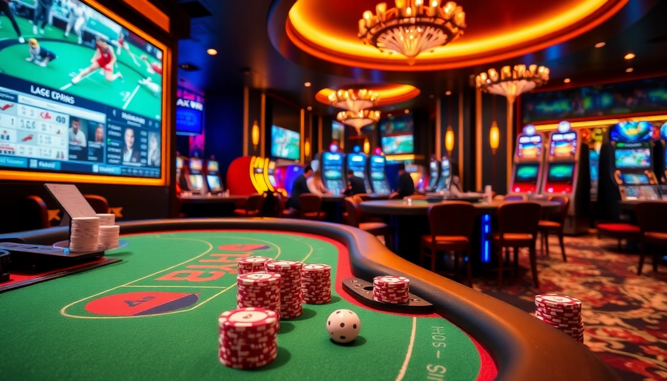 Engage with the AX88 APP in a luxurious casino setting featuring vibrant tables and high-tech gaming.