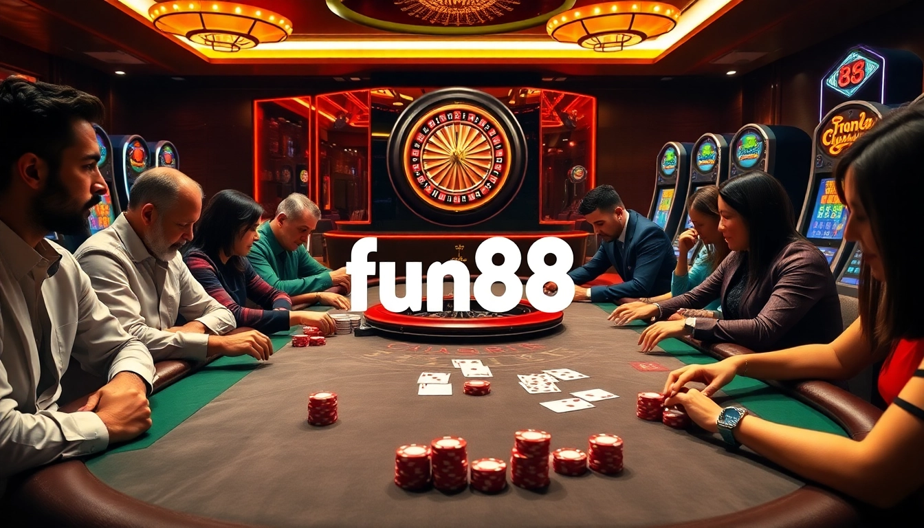 Fun88 poker table with players engaged in an exciting game, showcasing casino thrills.