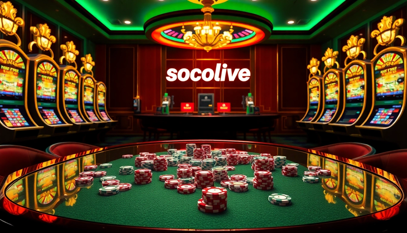 Socolive enhances the gambling experience by featuring a luxurious casino table with vibrant poker chips and engaging slot machines.