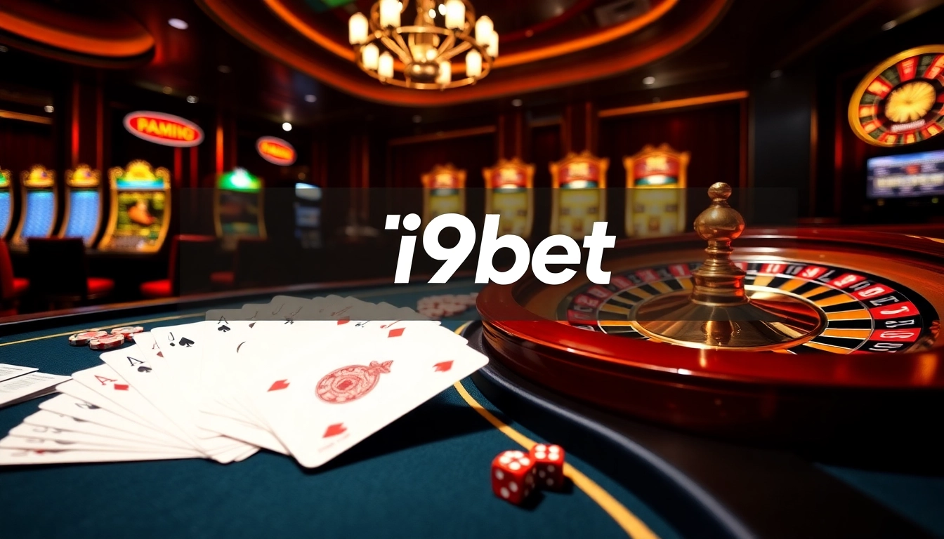 I9bet showcases excitement with poker chips and roulette wheels in a luxury online casino.