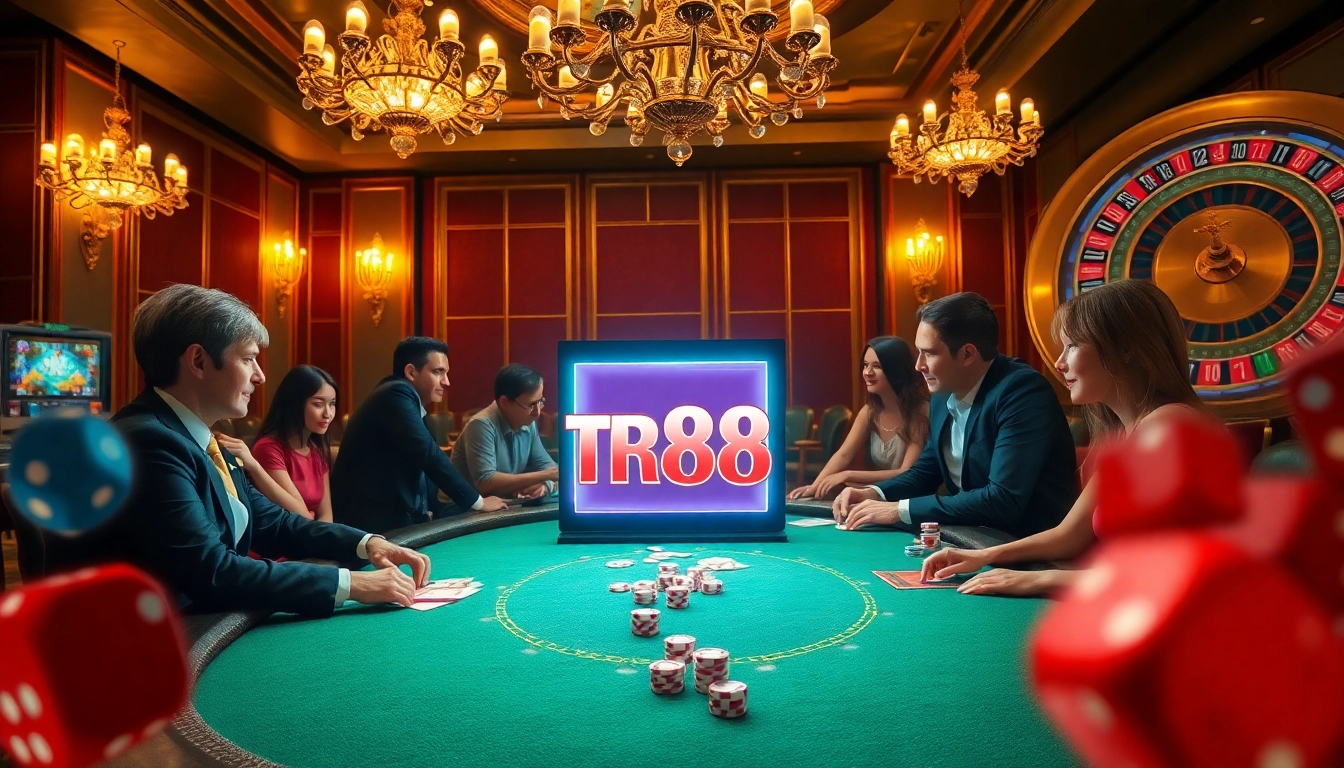 Experience the thrill of gambling with TR88 slot machine shining amidst poker players in action.