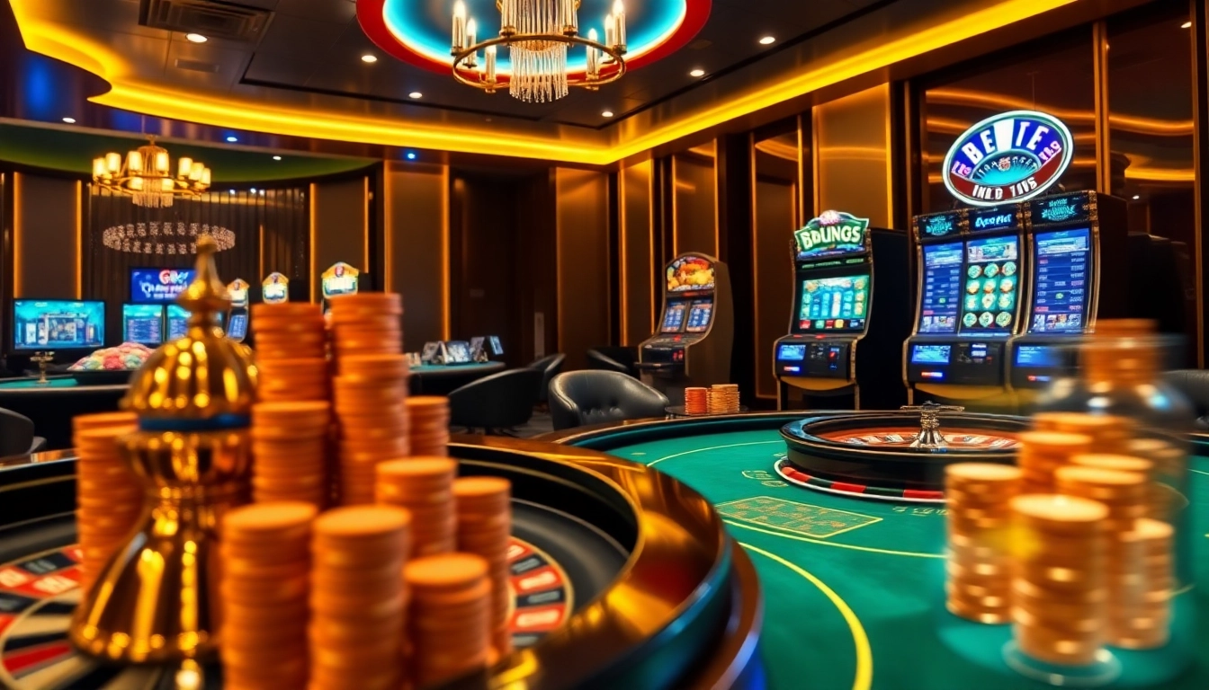 Nhà Cái 68VIP presents an elegant gambling scene with poker chips and a spinning roulette wheel.