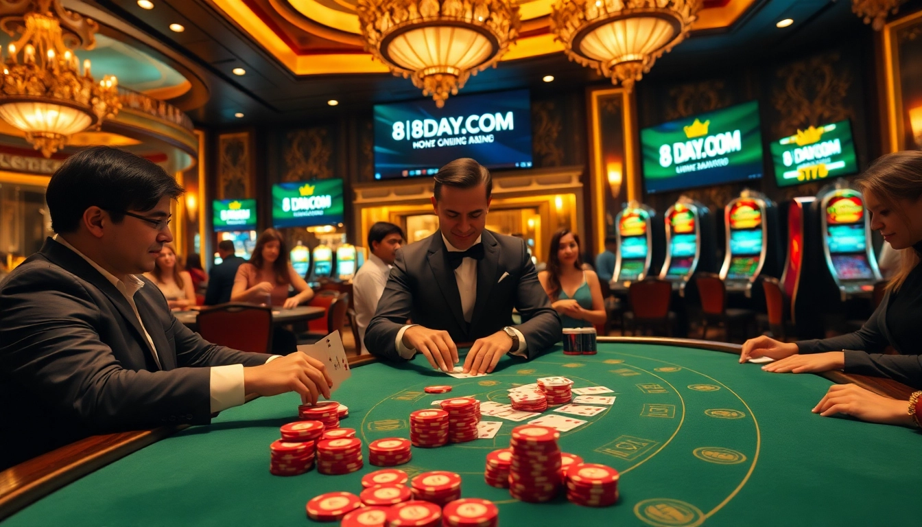 Gamblers enjoying a thrilling game at 8DAY.COM's luxurious casino table with chips and cards.